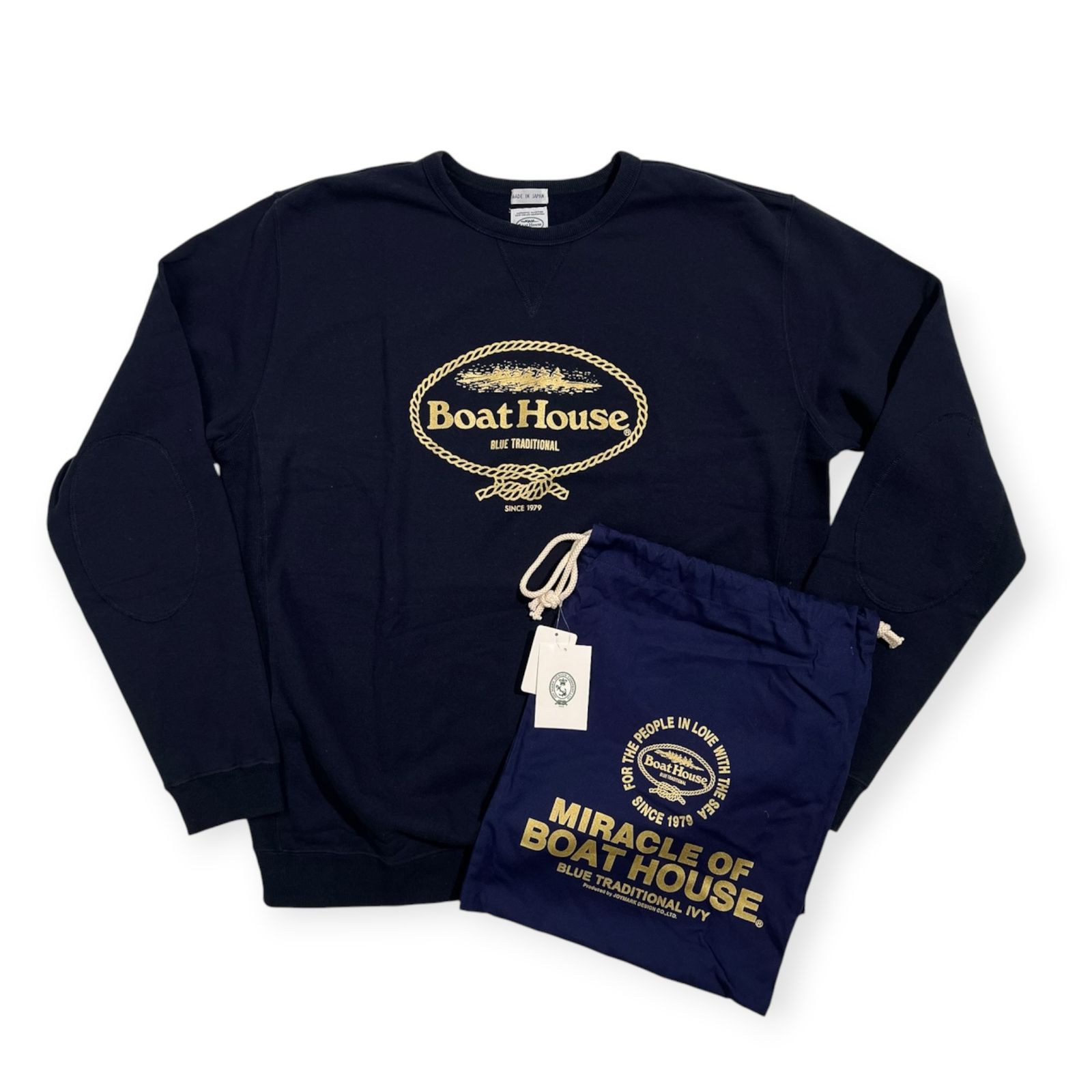 未使用品 Boat House ボートハウス プリント スウェット トレーナー シャツ サイズ 5 /メンズ/日本製/ネイビー×ゴールド系/袋付き