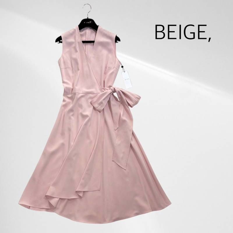 【タグ付き・未使用品】 BEIGE ベイジ ラップ ワンピース ロング ミモレ丈 ピンク ベージュ Aライン フレア スカート ノースリーブ カシュクール ドレス Vネック リボン フォーマル パーティー レディース オンワード 13,986円