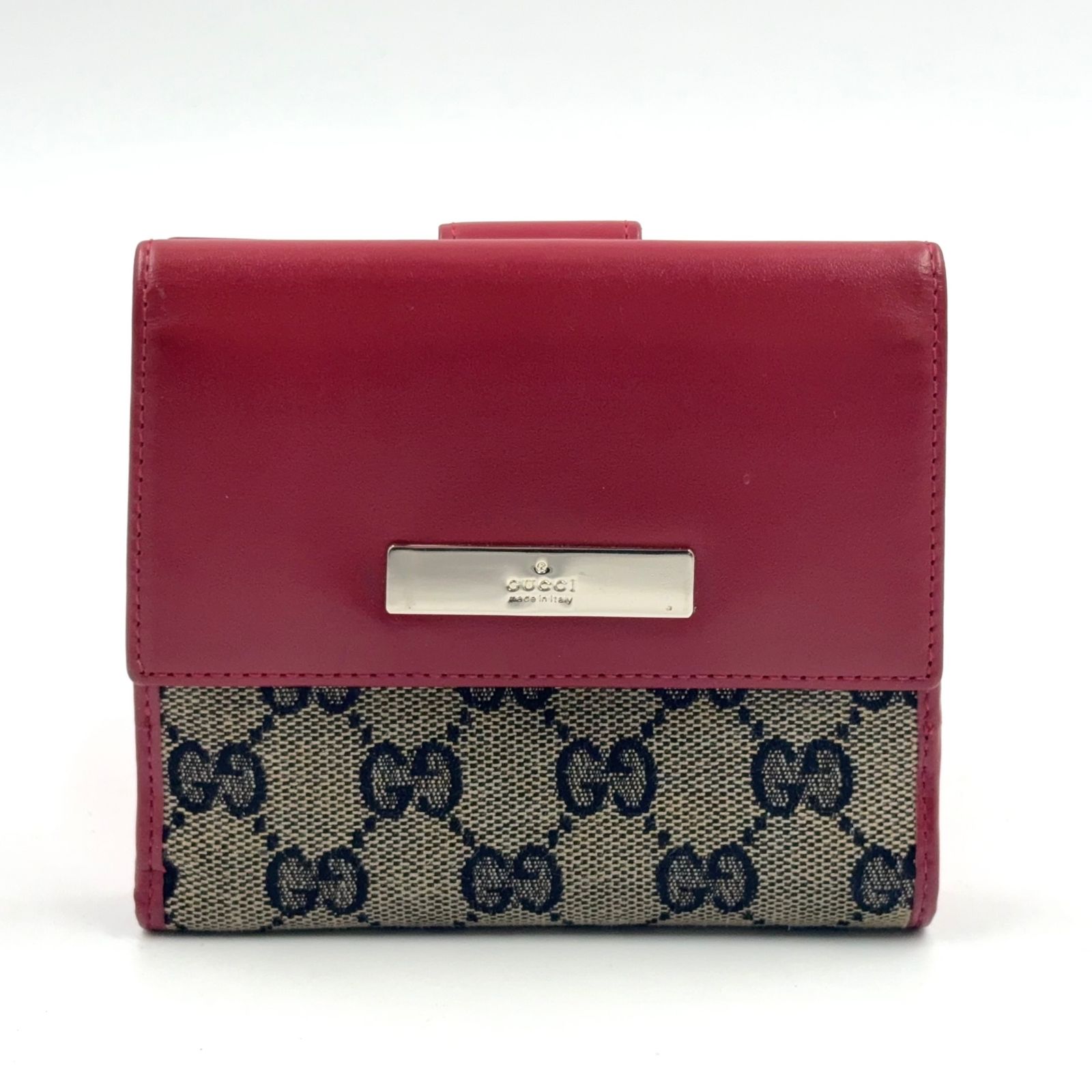 【新着】GUCCI GGキャンバス メタルバー Wホック レザー×キャンバス ベージュ×レッド 財布 シルバー 035・2091