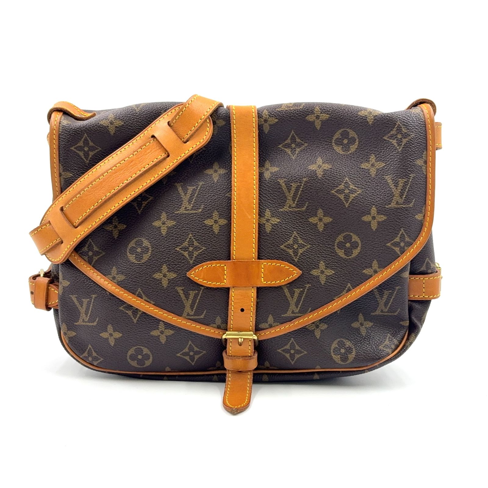 【新着】LOUIS VUITTON ソミュール30 モノグラム モノグラム レザー×PVC ブラウン ショルダーバッグ ゴールド M42256