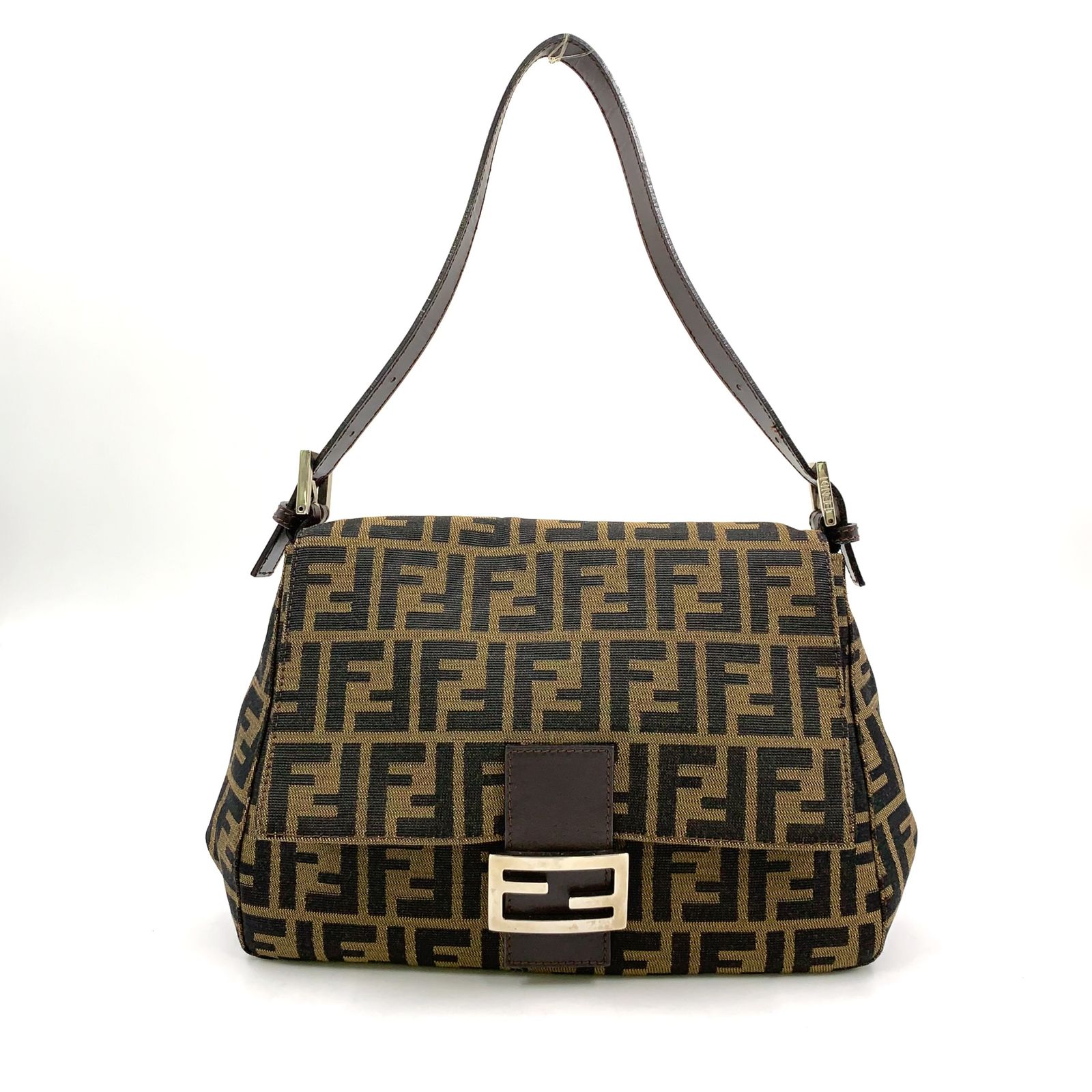 【新着】FENDI マンマバケット レザー×キャンバス ダークブラウン×ベージュ ワンショルダーバッグ シルバー 26325