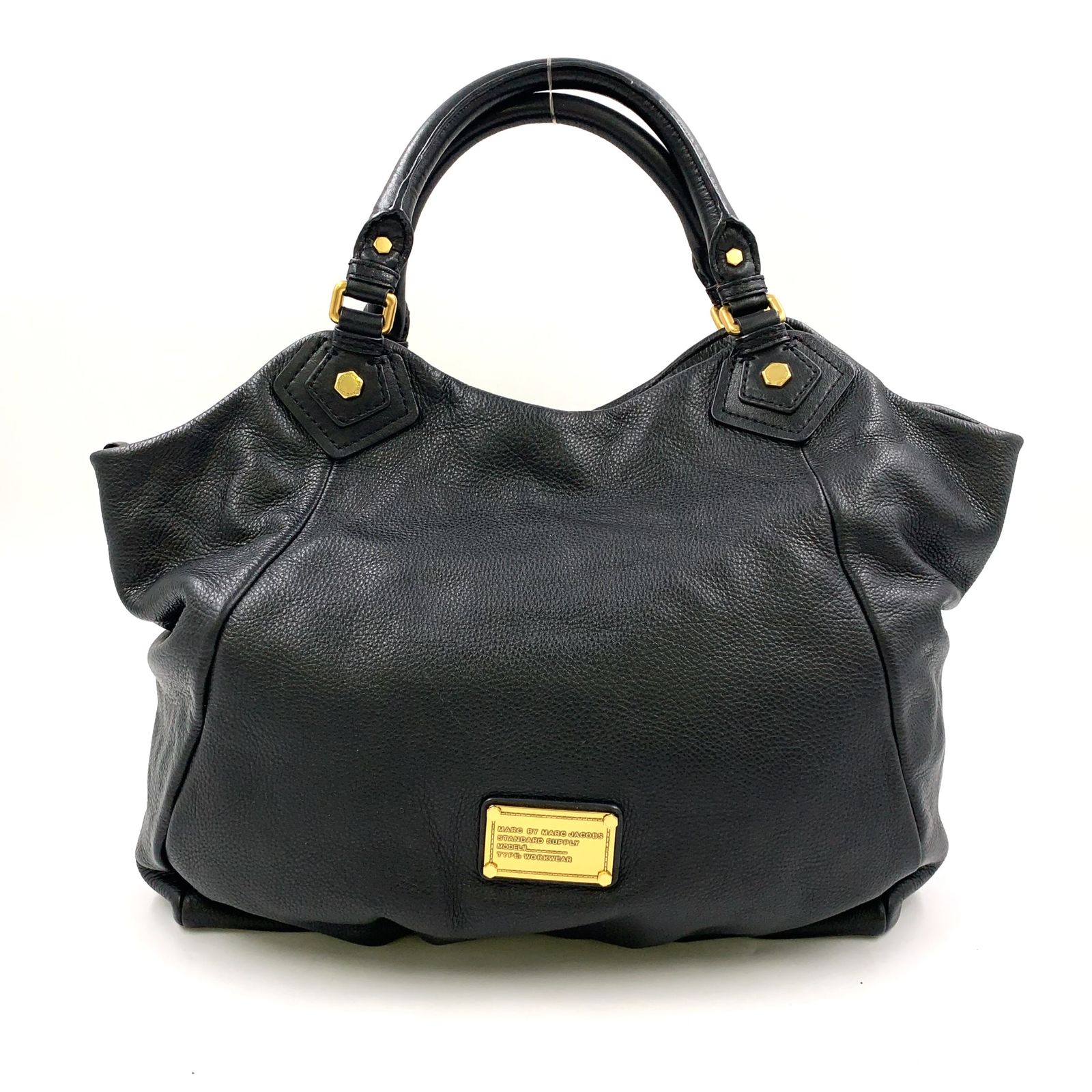 【新着】MARC JACOBS ロゴプレート 2WAYショルダー レザー ブラック ハンドバッグ ゴールド