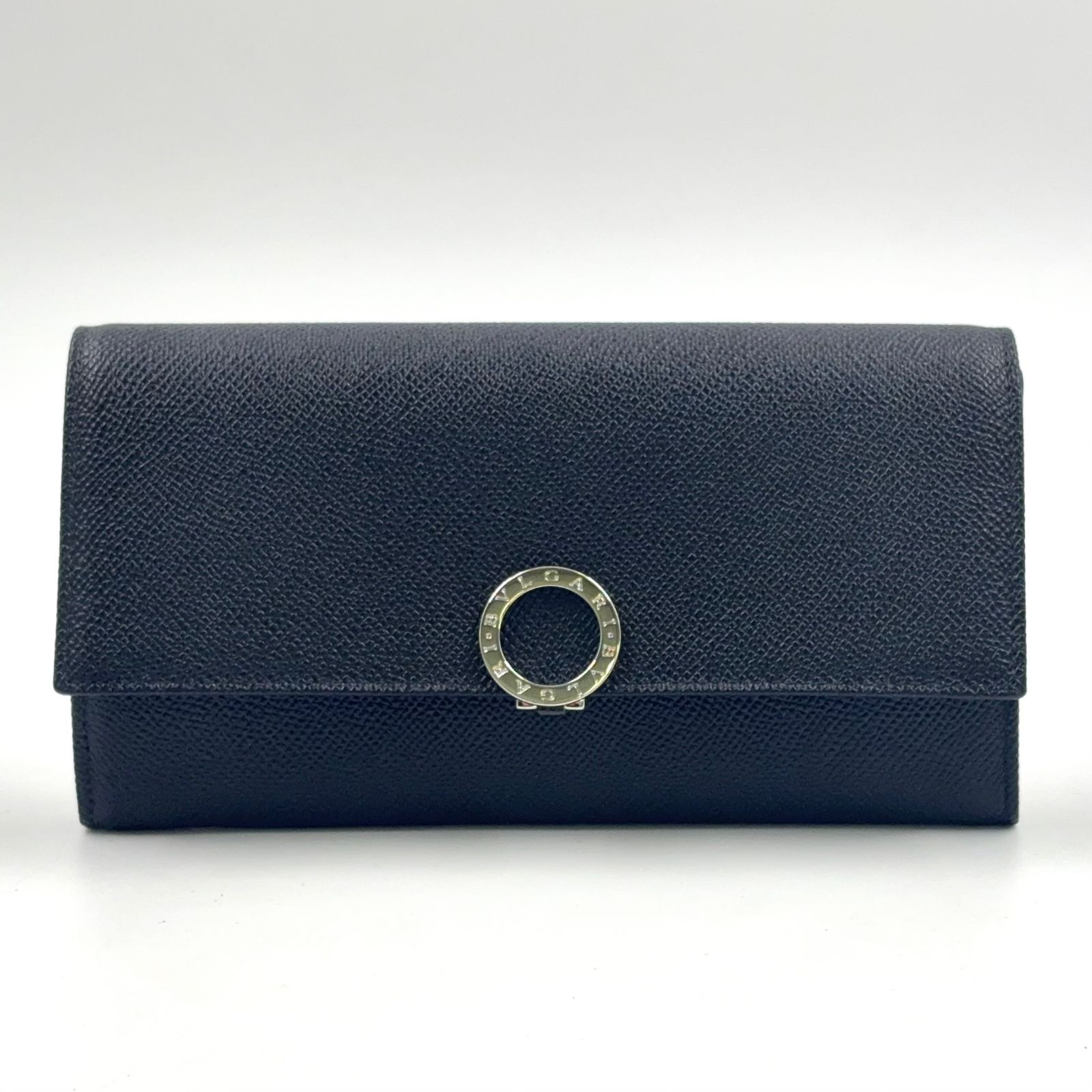 【新着】BVLGARI サークルモチーフ レザー ブラック 長財布 シルバー