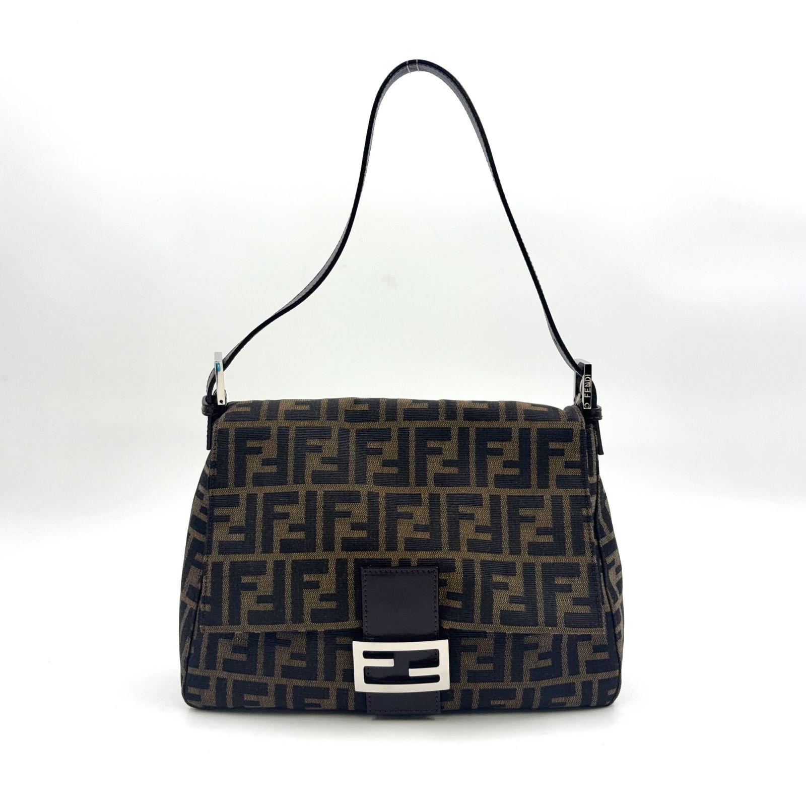 【新着】FENDI ズッカ マンマバケット レザー×キャンバス ブラウン ハンドバッグ シルバー