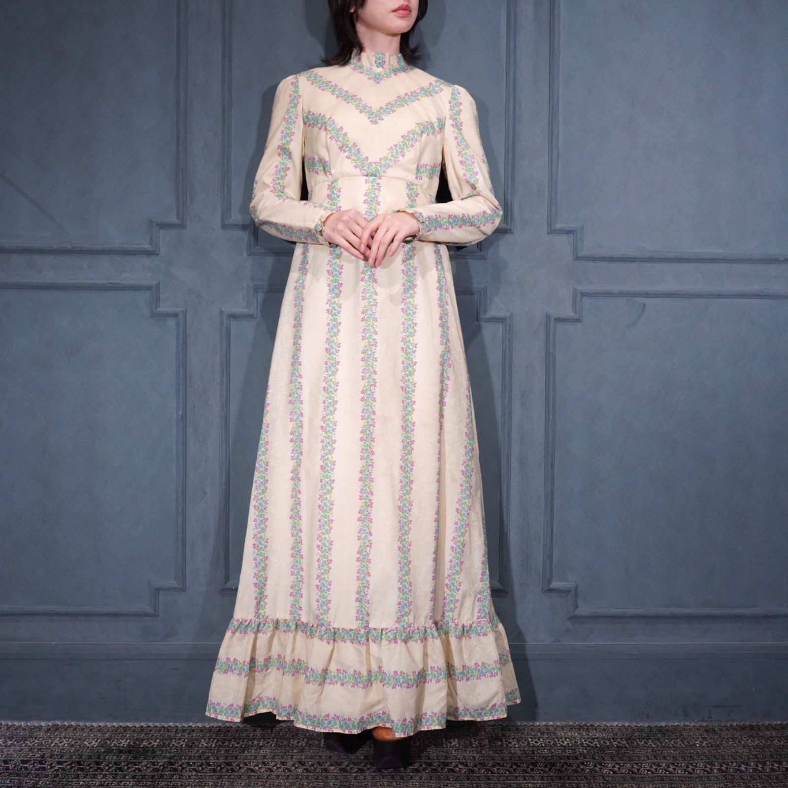 70’s USA VINTAGE FLOWER PATTERNED JACQUARD DESIGN DRESS ONE PIECE/70年代アメリカ古着お花柄ジャガードデザインドレスワンピース