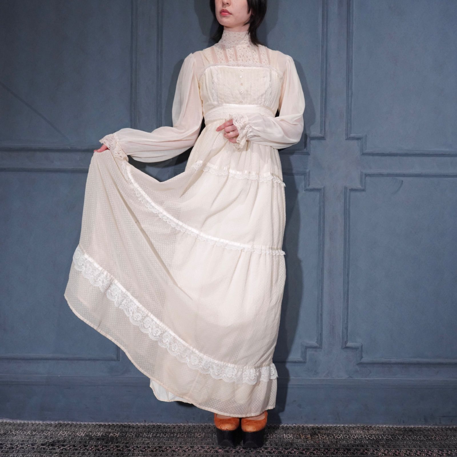 70’s USA VINTAGE LACE DESIGN NO SLEEVE ONE PIECE/70年代アメリカ古着レースデザインノースリーブワンピース