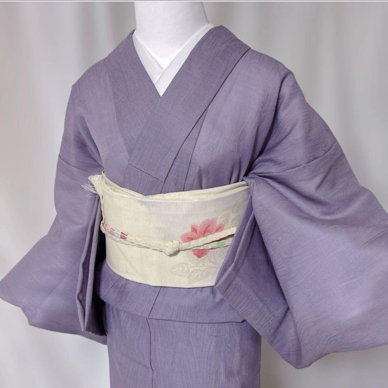専用　薄物　夏着物　正絹　紗紬　小紋　フルセット　夏帯　夏帯締め　夏帯揚げ 正絹 紋紗 色無地 フルセット 夏帯 夏帯締め 夏帯揚げ 薄青紫 流水文様