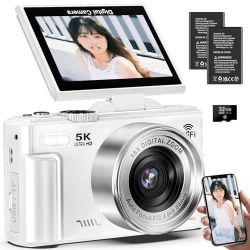 デジカメ 5K録画 7500万画素 スマホに送れる デジタルカメラ Wi-Fi機能 オートフォーカス 自撮り 18倍デジタルズーム 連続撮影 180度回転可能ディスプレイ 3.0インチスクリーン 32GBマイクロSDカード付き 1200mAh b07d66b9