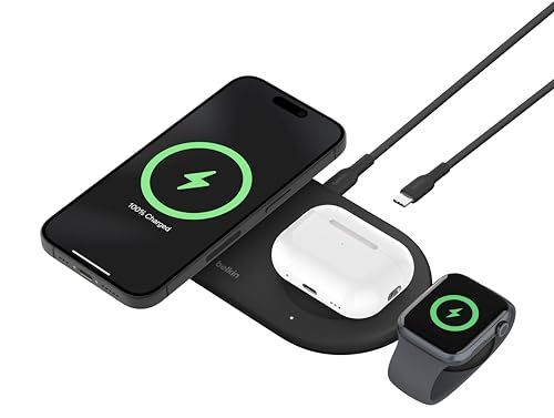 Belkin 3 in 1 ワイヤレス充電器 Qi2公式認証/MagSafe対応 iPhone17,16?12/スマートフォン(最大15W高速充電) AirPods/ワイヤレス充電対応イヤホン(5W充電) Applewatch対応 9/8/7 e6240a53