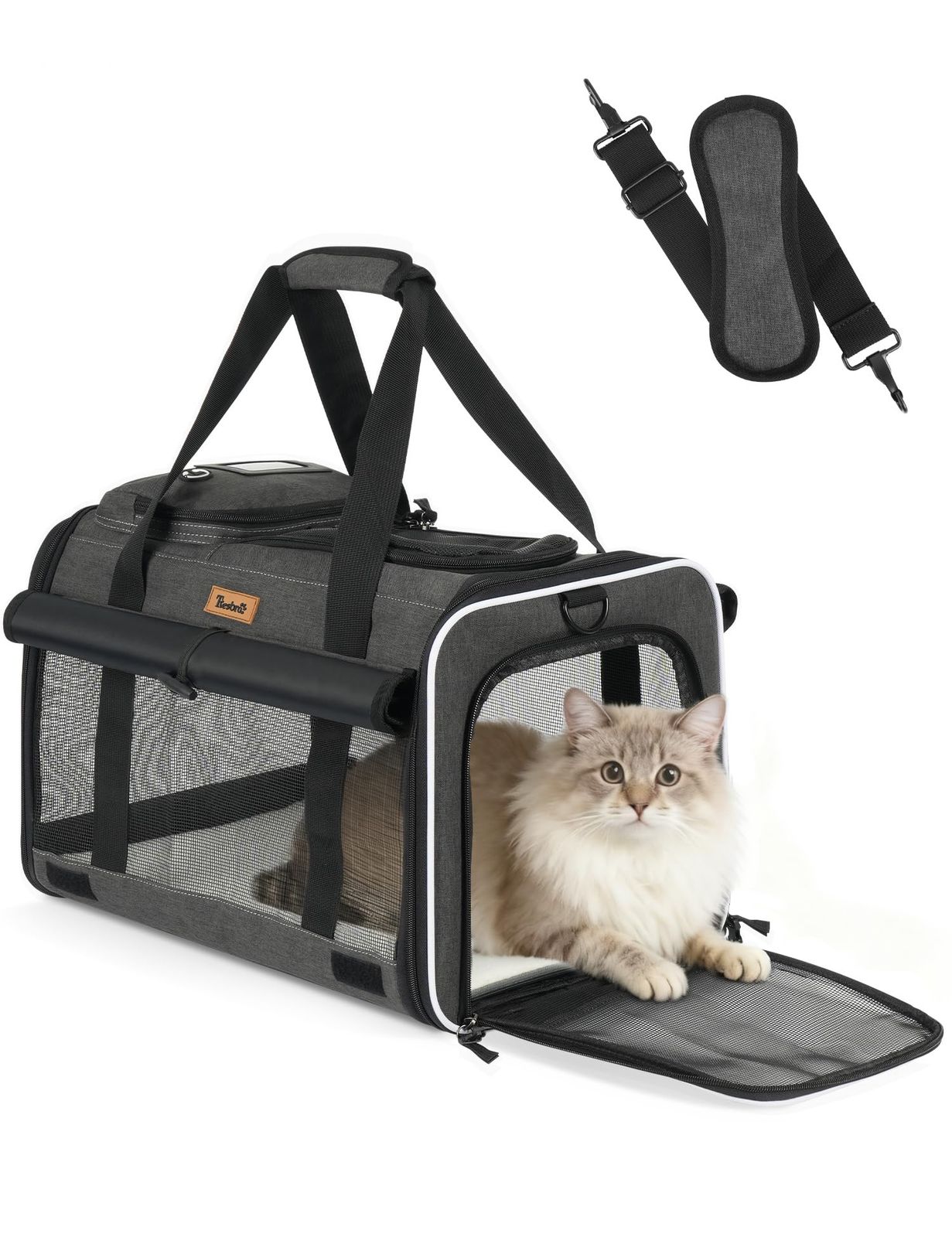 Tresbro 猫 キャリー バッグ キャリーケース カーテン付き ロック式ダブルファスナー・通気性メッシュ設計 変形防止構造 車載/旅行/通院/防災避難用 猫 バッグ 小型犬用 手提げ&ショルダー兼用 ペットキャリー ブラックー★m 0a72f225