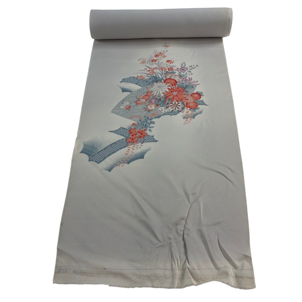 反物 秀品 付下げ 草花 扇面 灰白 正絹 【中古】