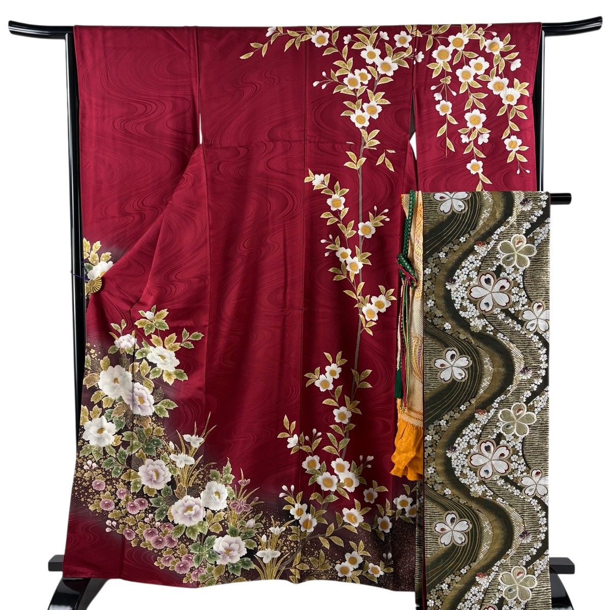 振袖　金彩　牡丹　蝶　藤　菊花　身丈162　裄65　正絹　着物　032tz 振袖 身丈162cm 裄丈65.5cm M 袷 袋帯フルセット 落款 牡丹 菊 金彩
