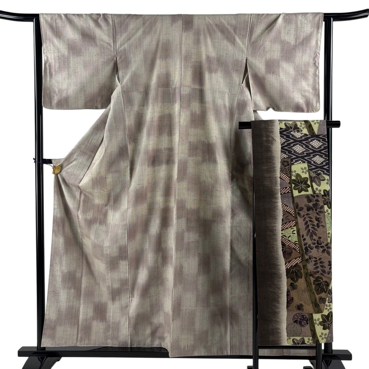 【美品】 紬 身丈158cm 裄丈64.5cm M 袷 名古屋帯セット 変わり市松 縞 灰紫 正絹 名品 【中古】