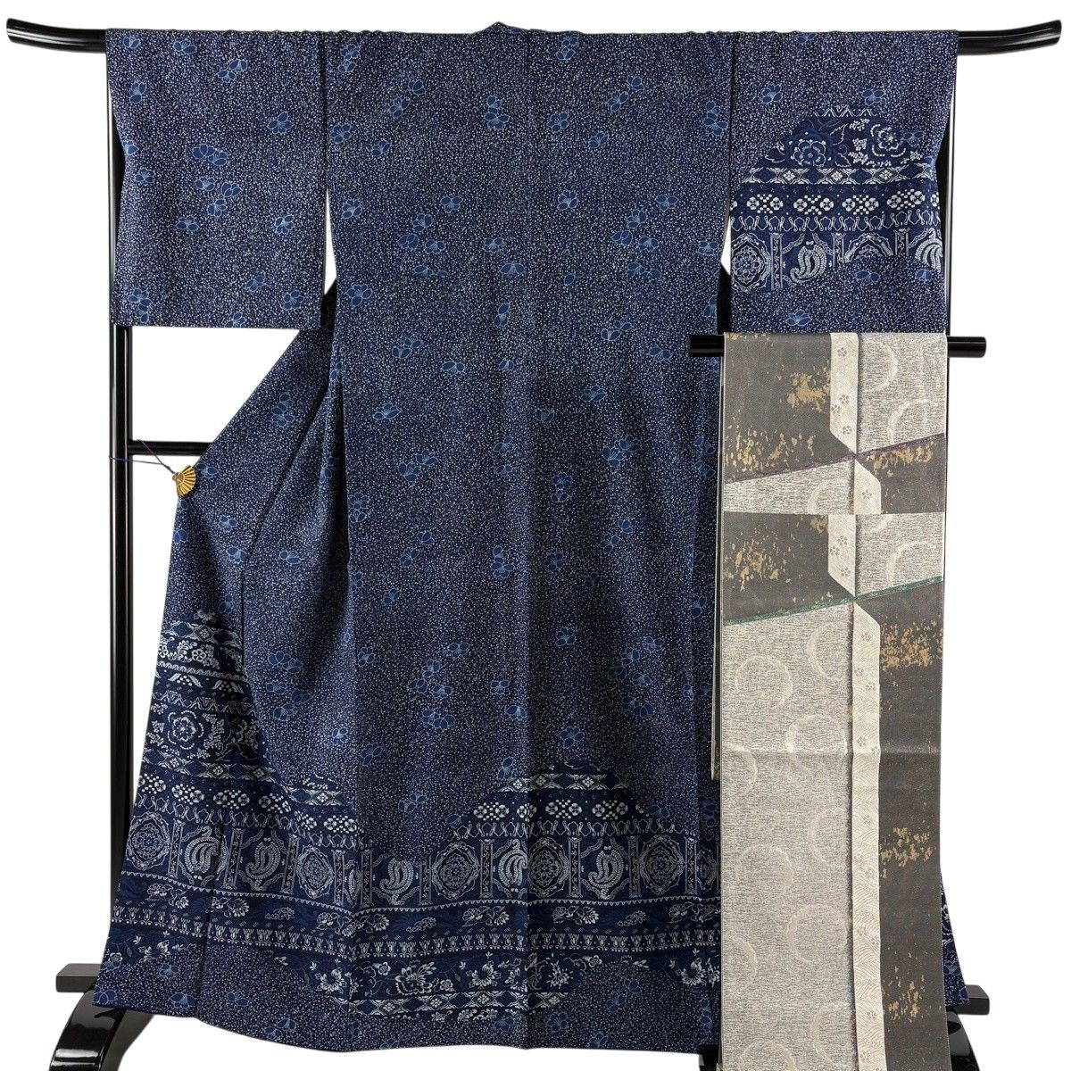 【美品】 付下げ 身丈166cm 裄丈67.5cm L 袷 袋帯セット 華文 草花 紺色 正絹 秀品 【中古】