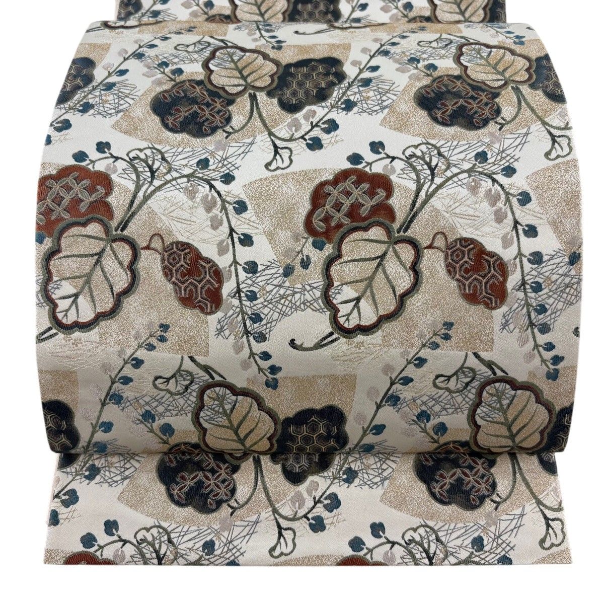 【美品】 袋帯 逸品 菱屋善兵衛 落款 扇面 草花 金彩 ベージュ 六通 正絹 【中古】