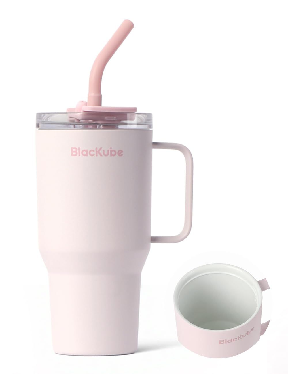 Blackube ??対応 真空断熱タンブラー 600ml 水筒 セラミックコーティング 底面外径65mm 車載用カップホルダーに適合 ステンレス製 保温保冷 ストロー&ハンドル付き シナモンピンク★m dd48ad34
