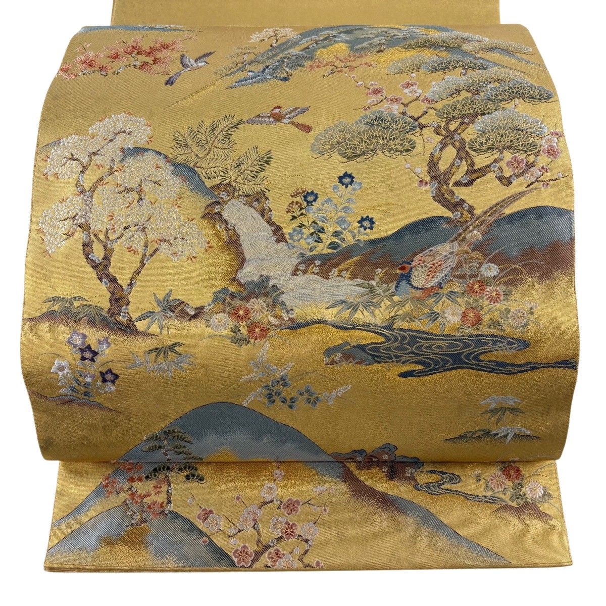 【美品】 袋帯 逸品 長嶋成織物 瀞金錦 遠山花鳥集 箔 金糸 金色 お太鼓柄 正絹 【中古】