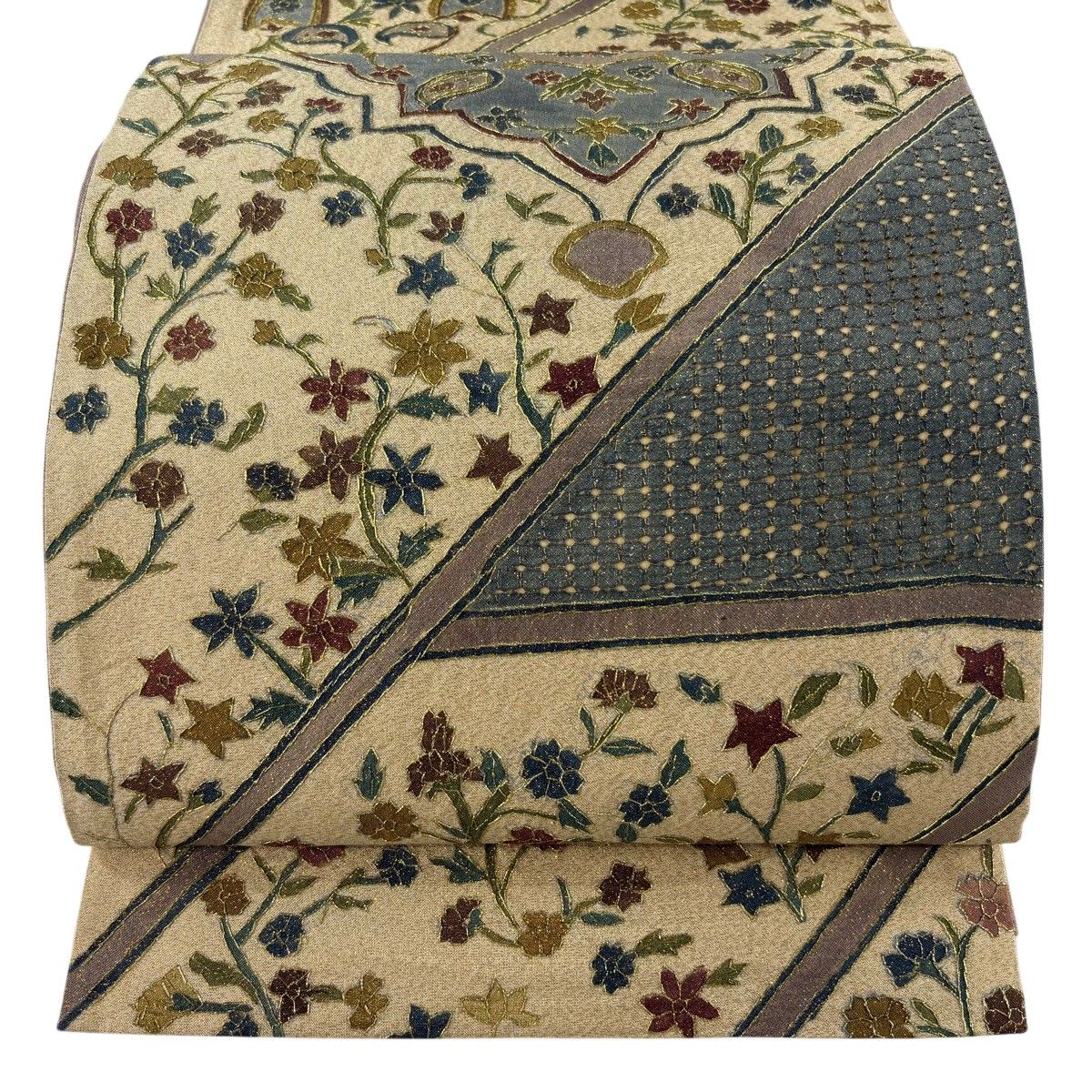 【美品】 袋帯 逸品 華文 草花 刺繍 金糸 ベージュ 全通 正絹 【中古】