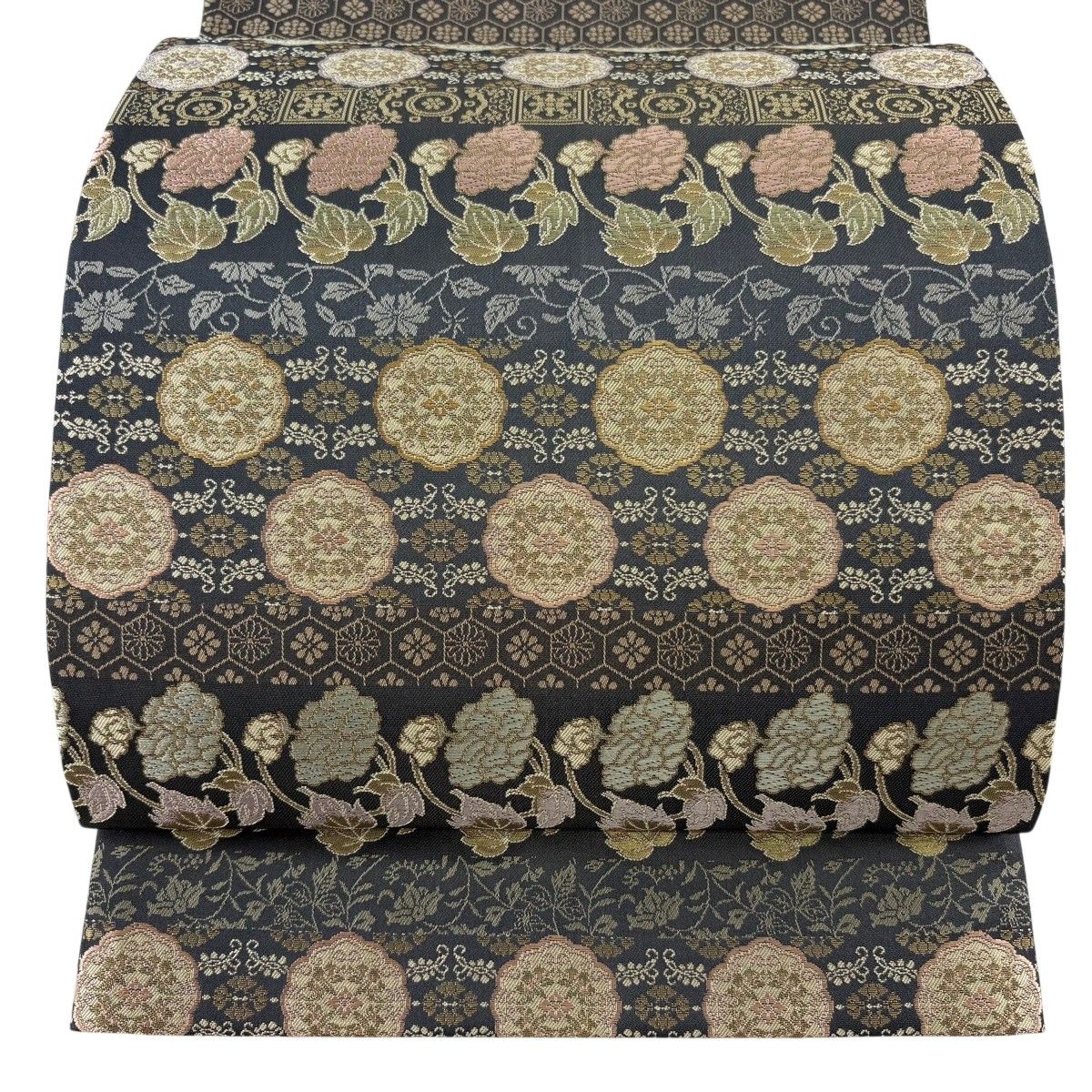 袋帯 逸品 箔屋清兵衛 落款 華文 花唐草 箔 茶緑色 全通 正絹 【中古】