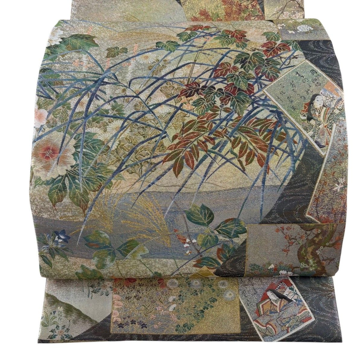 【美品】 丸帯 逸品 日本絵画全集 箔 金糸 青灰色 お太鼓柄 正絹 【中古】