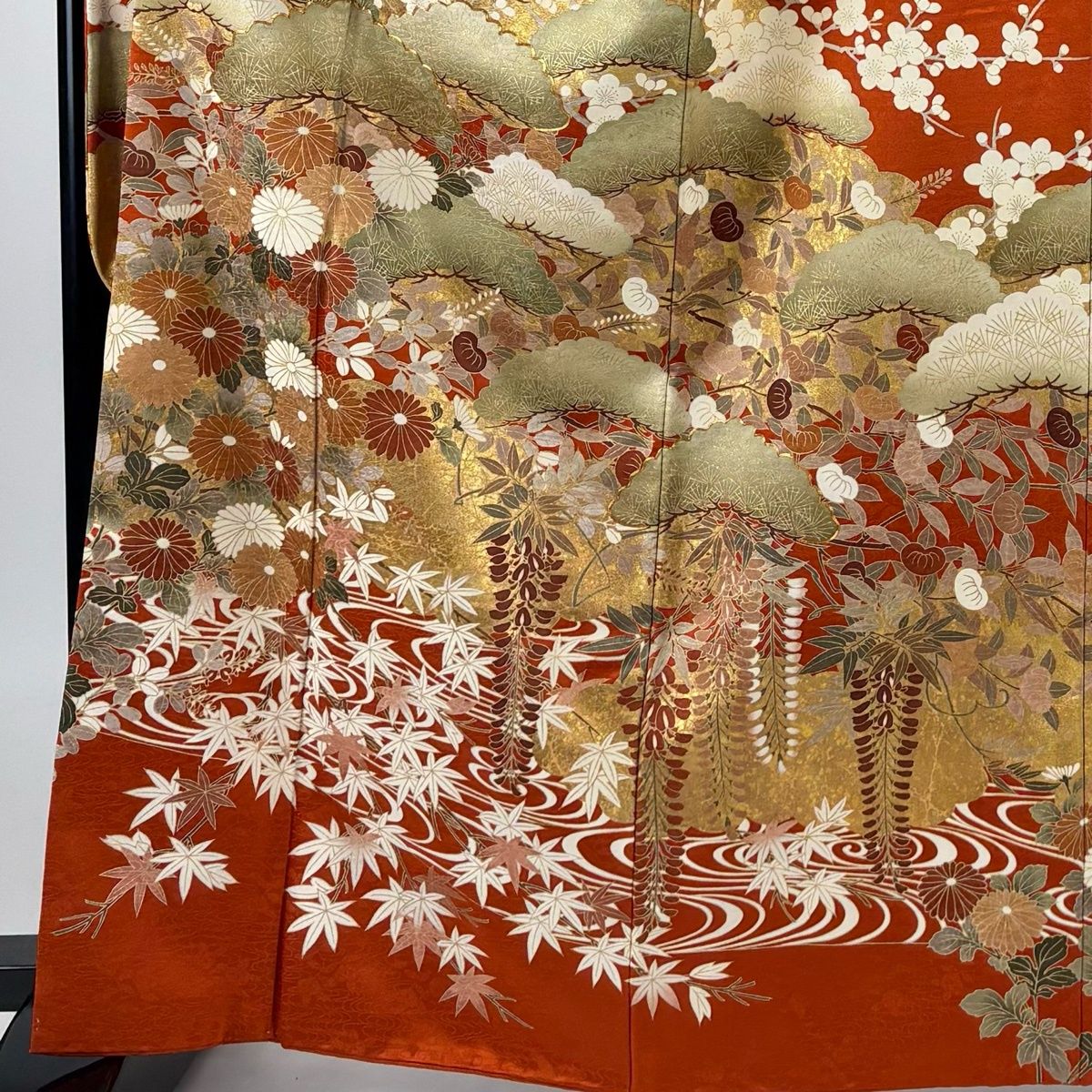 振袖 身丈165cm 裄丈67cm M 袷 笠松 雲文 金糸 金彩 朱色 正絹 秀品 