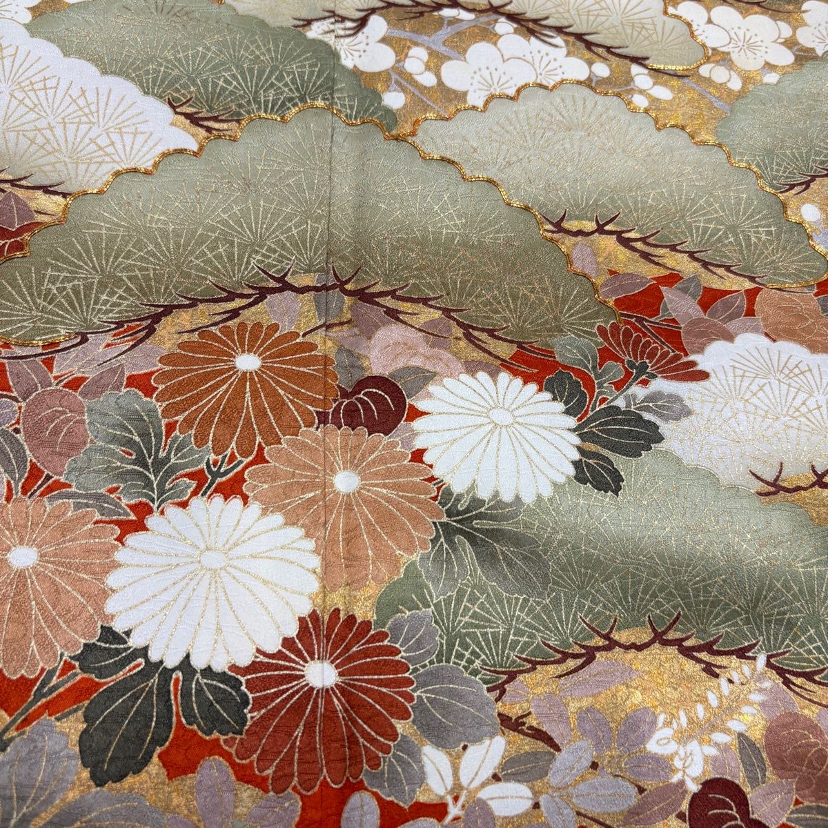 振袖 身丈165cm 裄丈67cm M 袷 笠松 雲文 金糸 金彩 朱色 正絹 秀品 