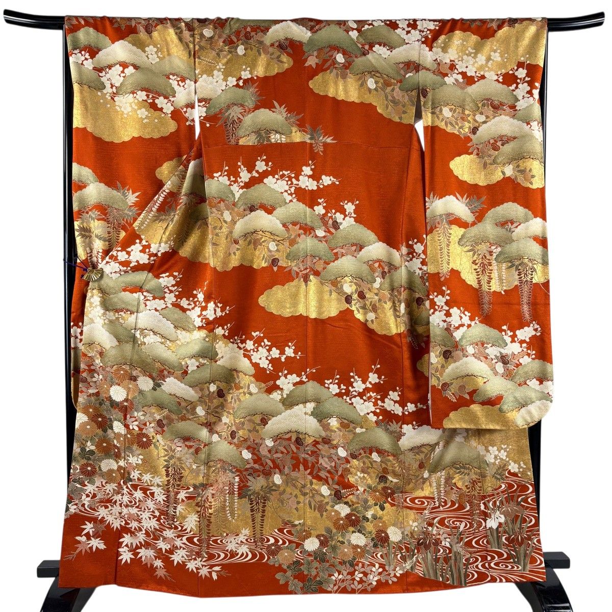 振袖 身丈165cm 裄丈67cm M 袷 笠松 雲文 金糸 金彩 朱色 正絹 秀品 