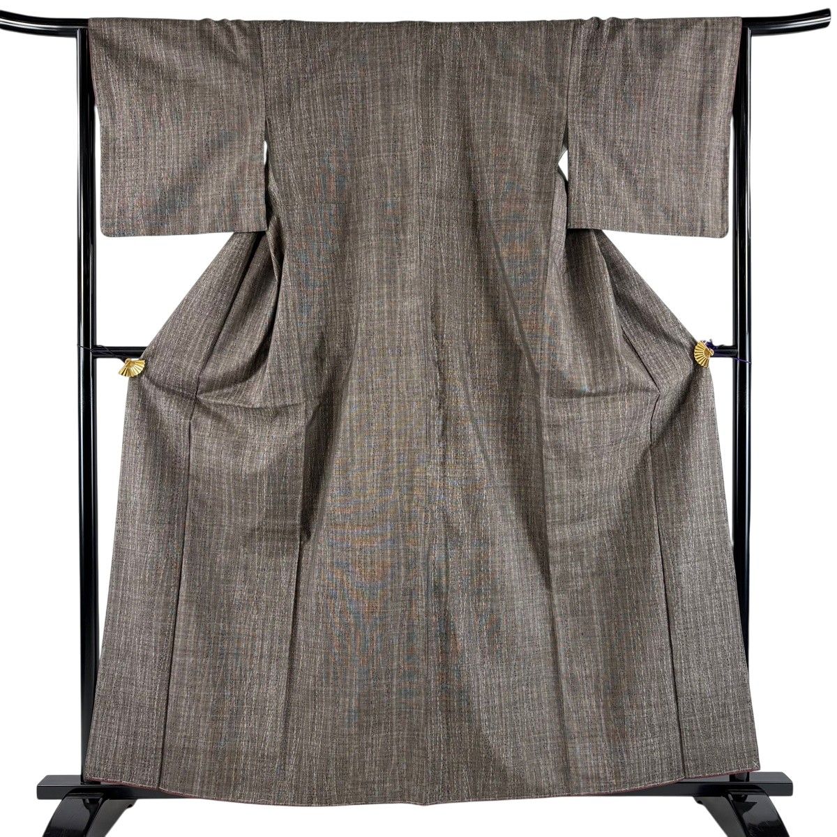 紬 身丈160cm 裄丈66cm M 袷 縞 幾何学模様 焦茶色 正絹 秀品 【中古】