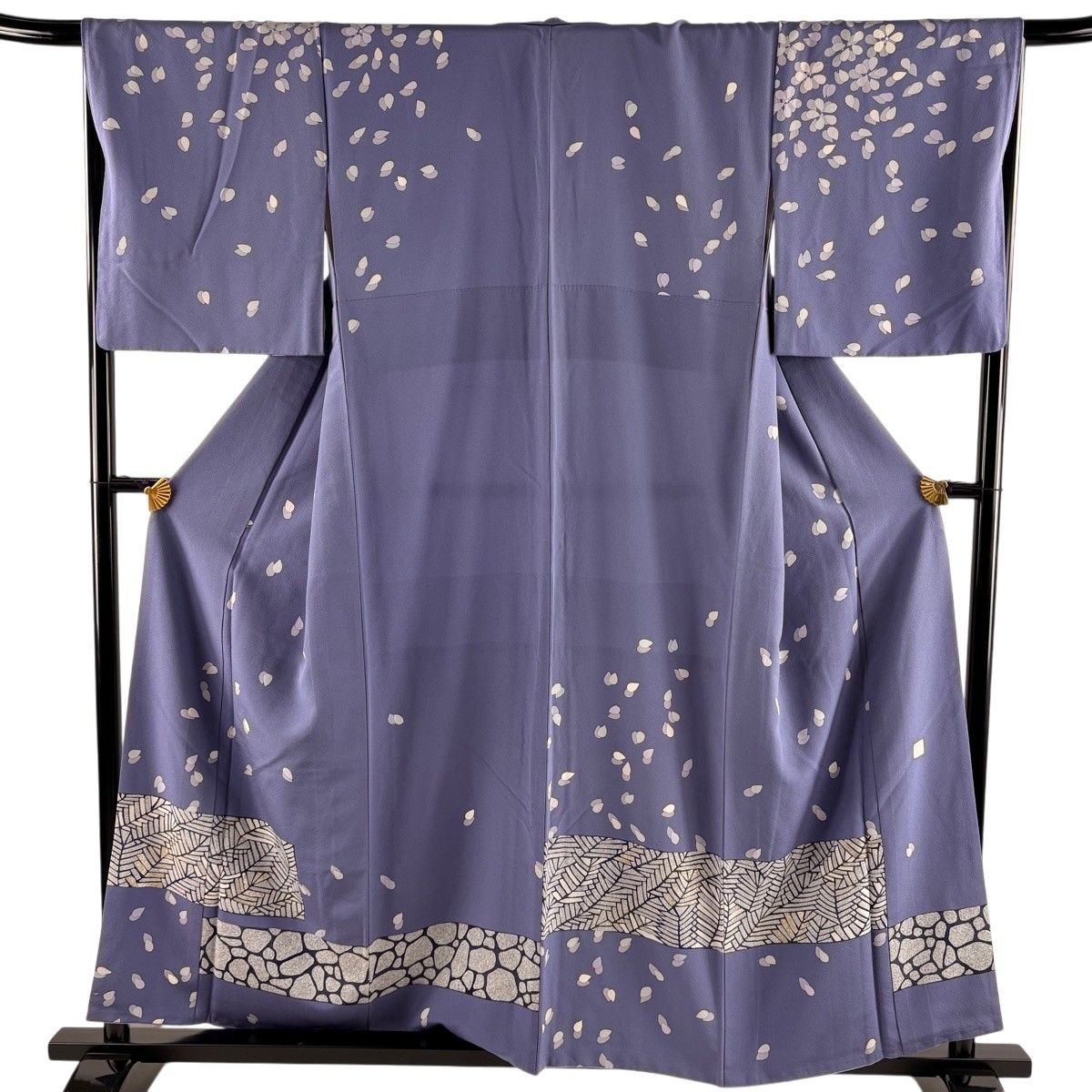 訪問着 身丈159cm 裄丈67cm M 袷 花びら 石畳 金銀彩 灰紫 正絹 名品 【中古】