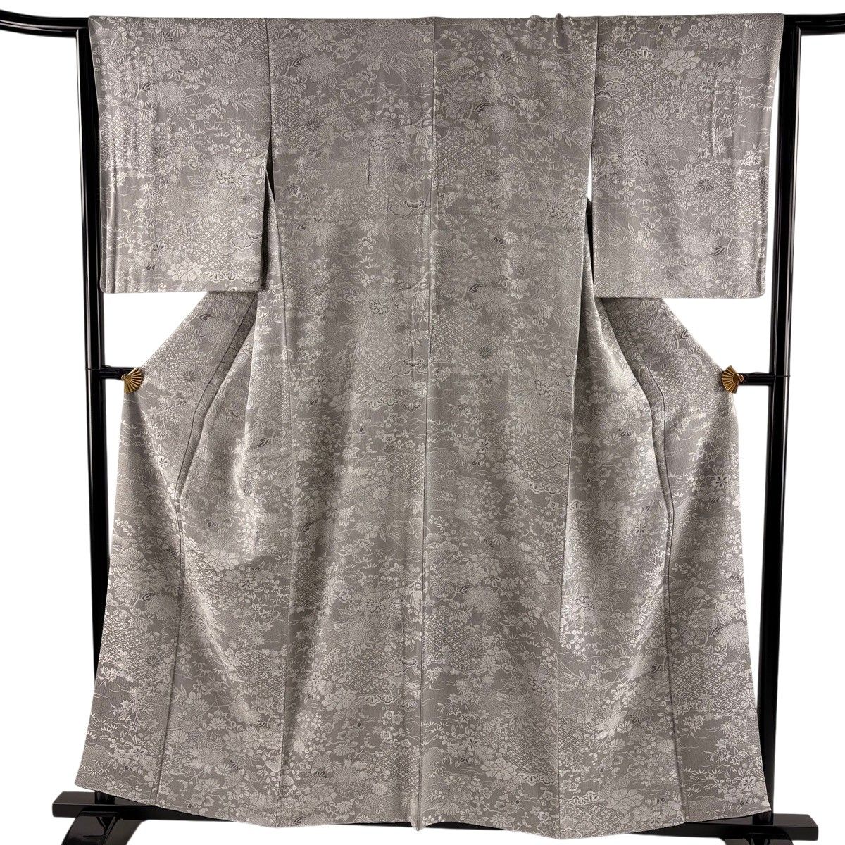小紋 身丈157cm 裄丈65cm M 袷 草花 松竹梅 紋意匠 灰色 正絹 名品 【中古】