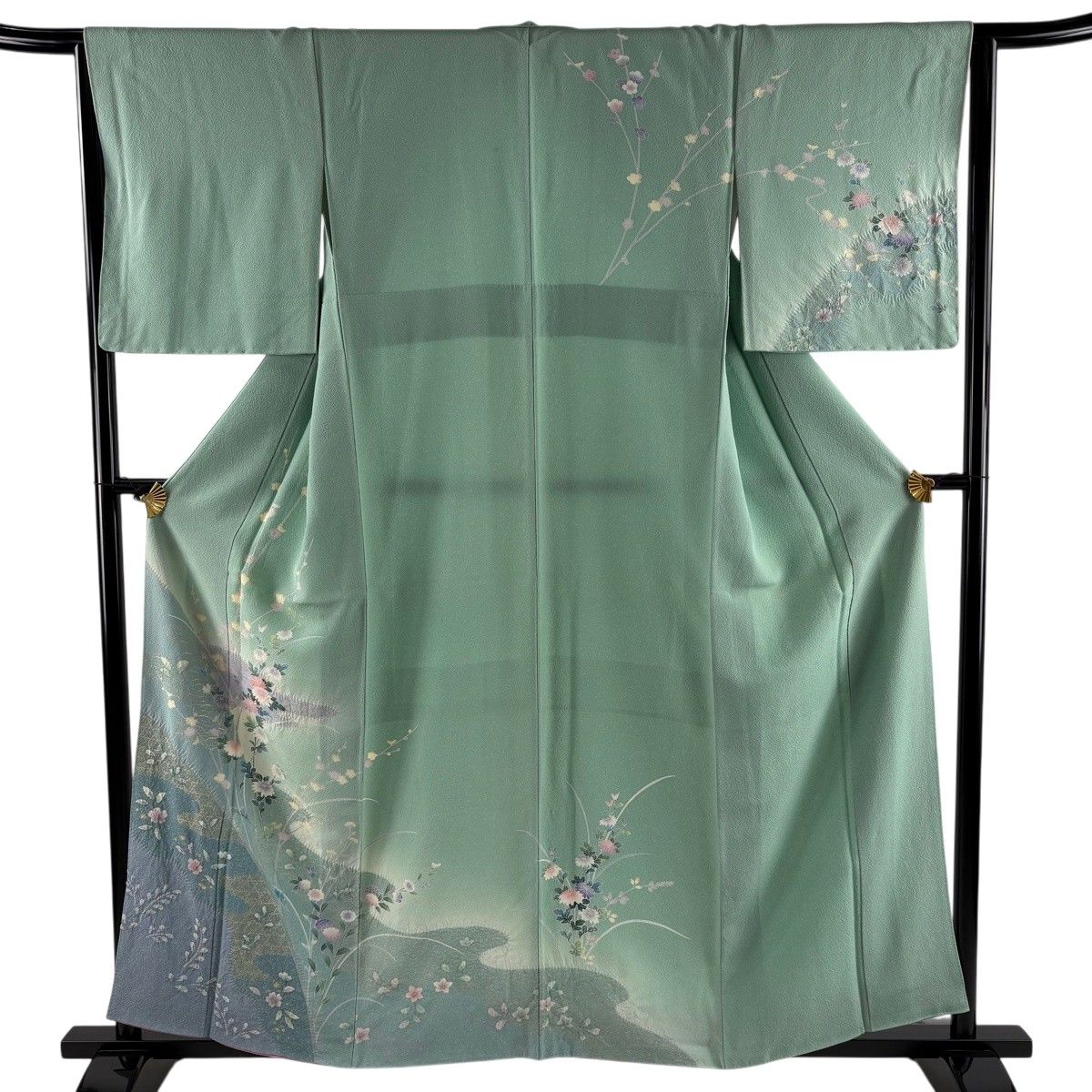 訪問着 身丈158cm 裄丈64cm M 袷 草花 霞 金彩 しぼり 薄緑 正絹 名品