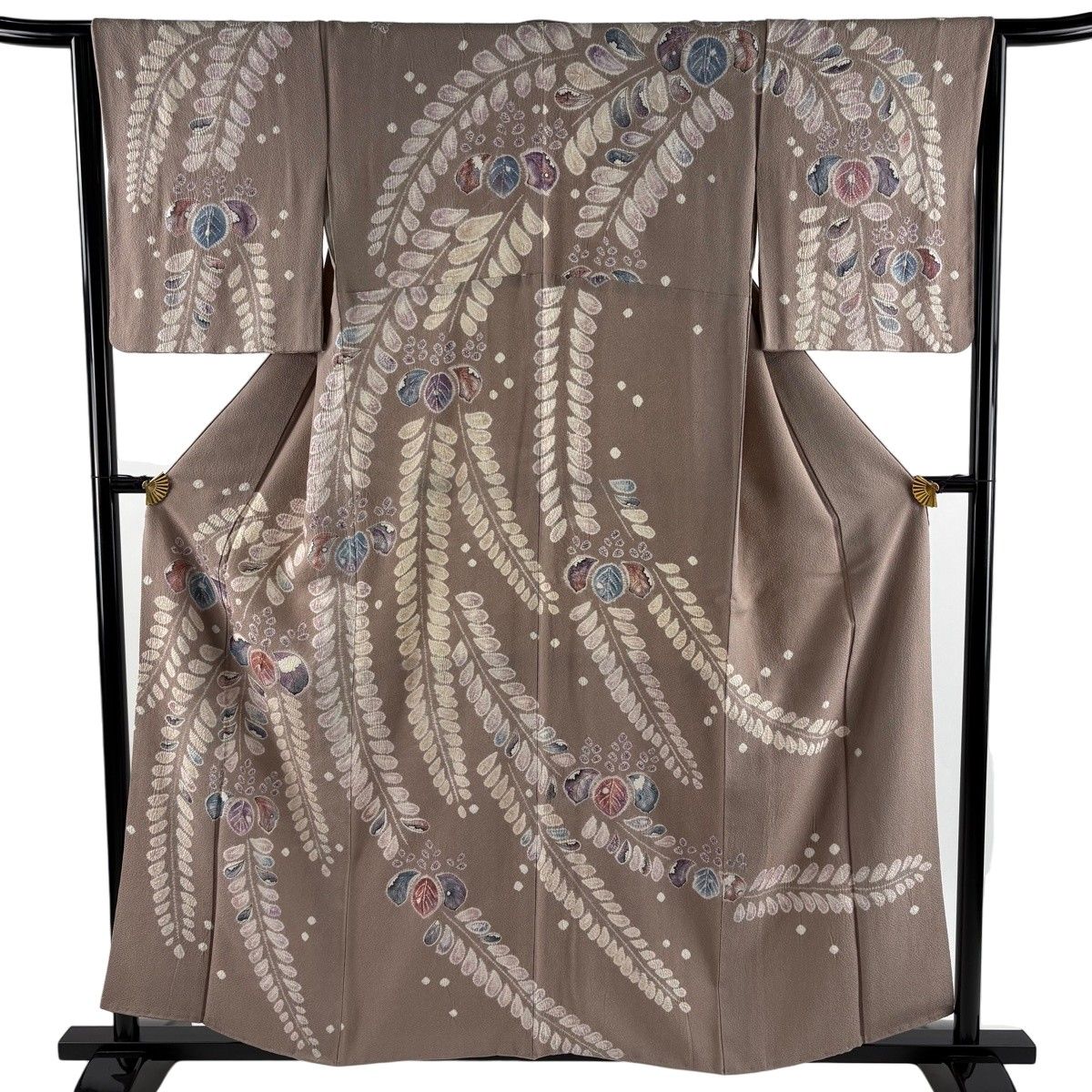 【美品】 訪問着 身丈157cm 裄丈64cm M 袷 葉柄 絞り 薄小豆 正絹 名品 【中古】