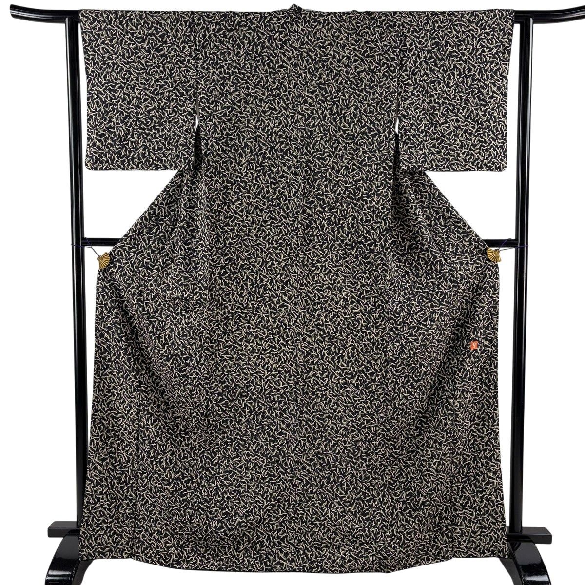 小紋 身丈166.5cm 裄丈61.5cm S 袷 花井幸子 落款 幾何学 黒 正絹 名品 【中古】