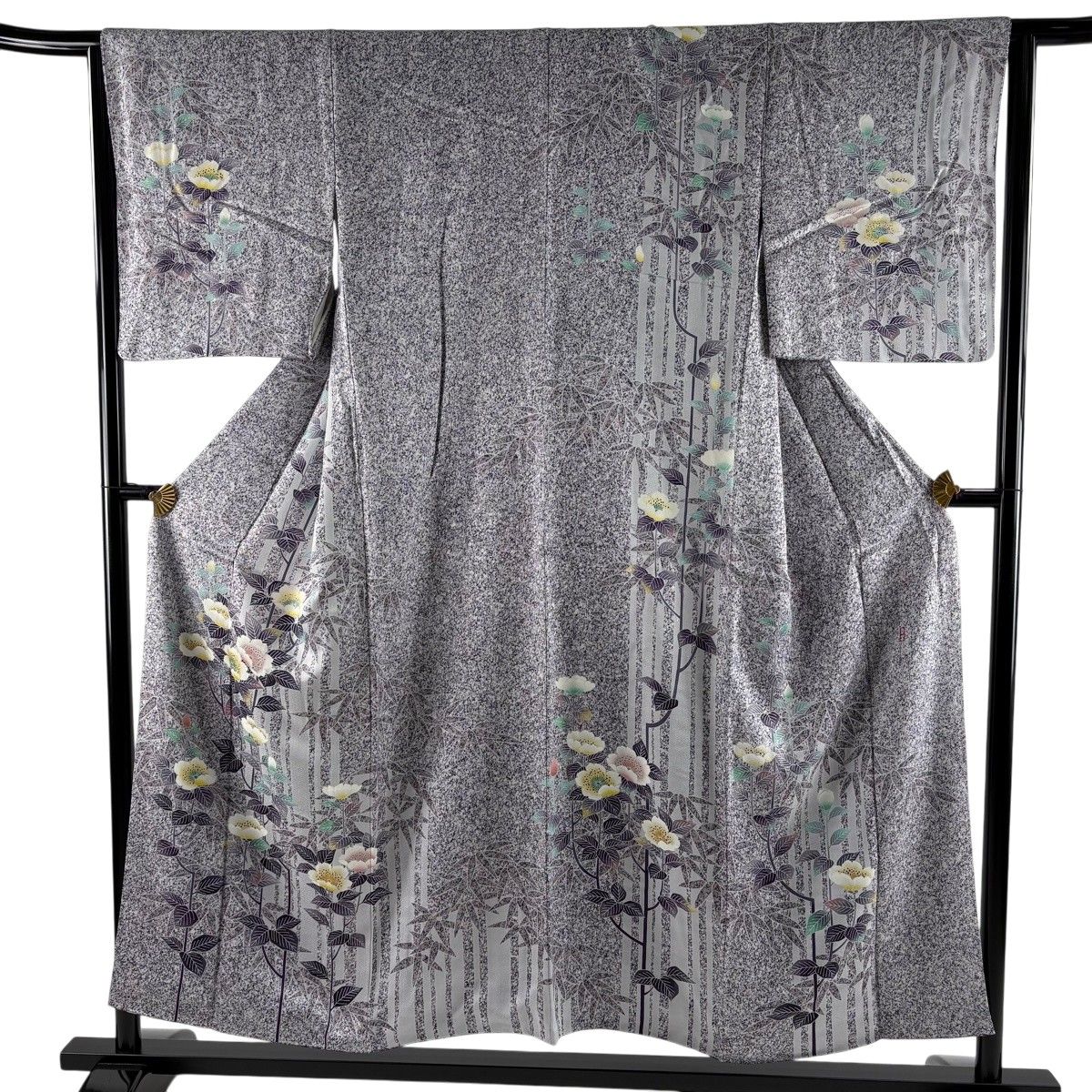 訪問着 身丈152cm 裄丈64cm M 袷 落款 枝花 笹 紫 正絹 名品 【中古】