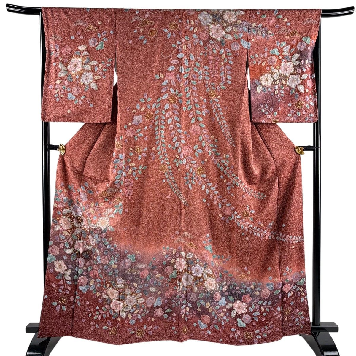 訪問着 身丈164.5cm 裄丈66cm M 袷 辻が花 金彩 ぼかし 赤茶 正絹 名品 【中古】