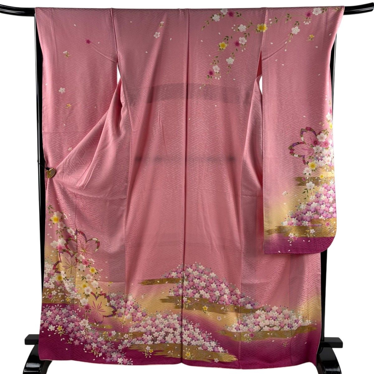 振袖 身丈169.5cm 裄丈68.5cm L 袷 桜 桜の花びら 金糸 金彩 ピンク 正絹 名品 【中古】