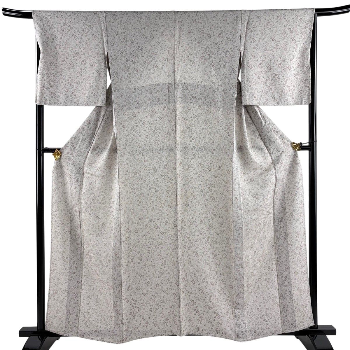 小紋 身丈159cm 裄丈68cm L 単衣 草花 波 灰茶 正絹 名品 【中古】