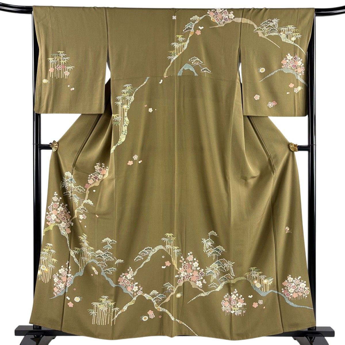 訪問着 身丈159cm 裄丈66.5cm M 袷 松竹梅 金糸 金彩 鶯色 正絹 名品 一つ紋 【中古】