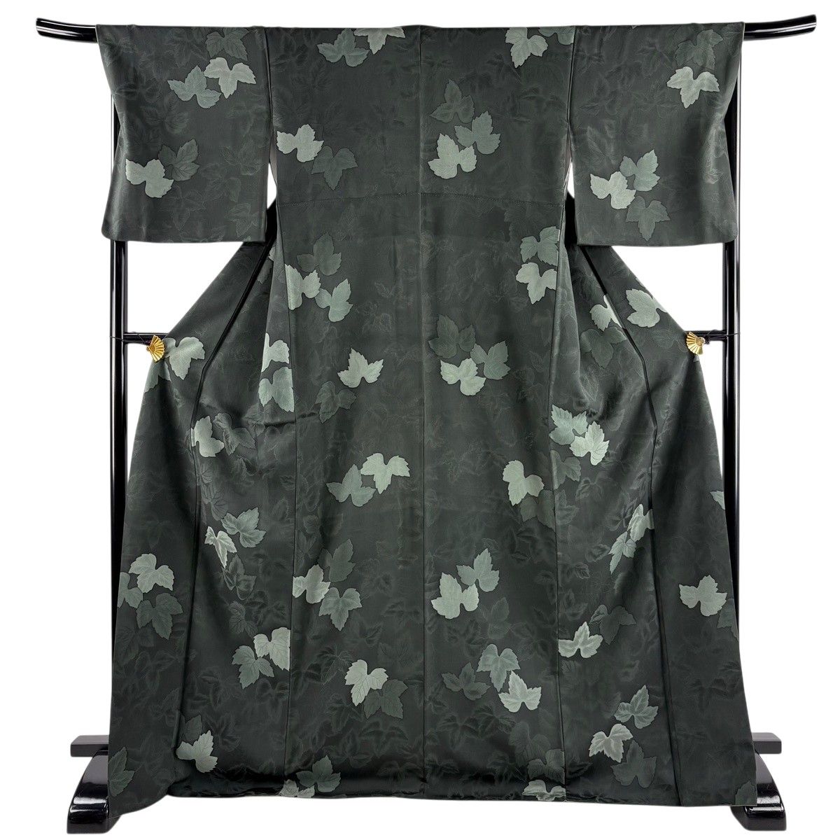 【美品】 小紋 身丈171.5cm 裄丈68.5cm L 袷 葉 地紋 深緑 正絹 名品 【中古】