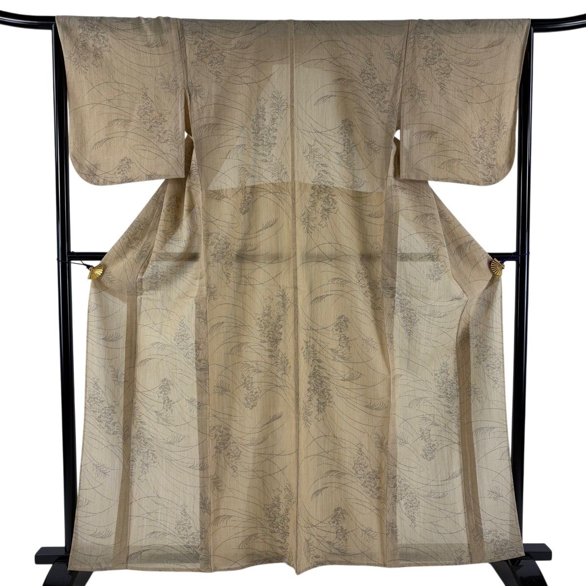 紬 身丈161.5cm 裄丈65cm M 薄物 夏紬 亀甲 ススキ 薄茶色 正絹 秀品 【中古】