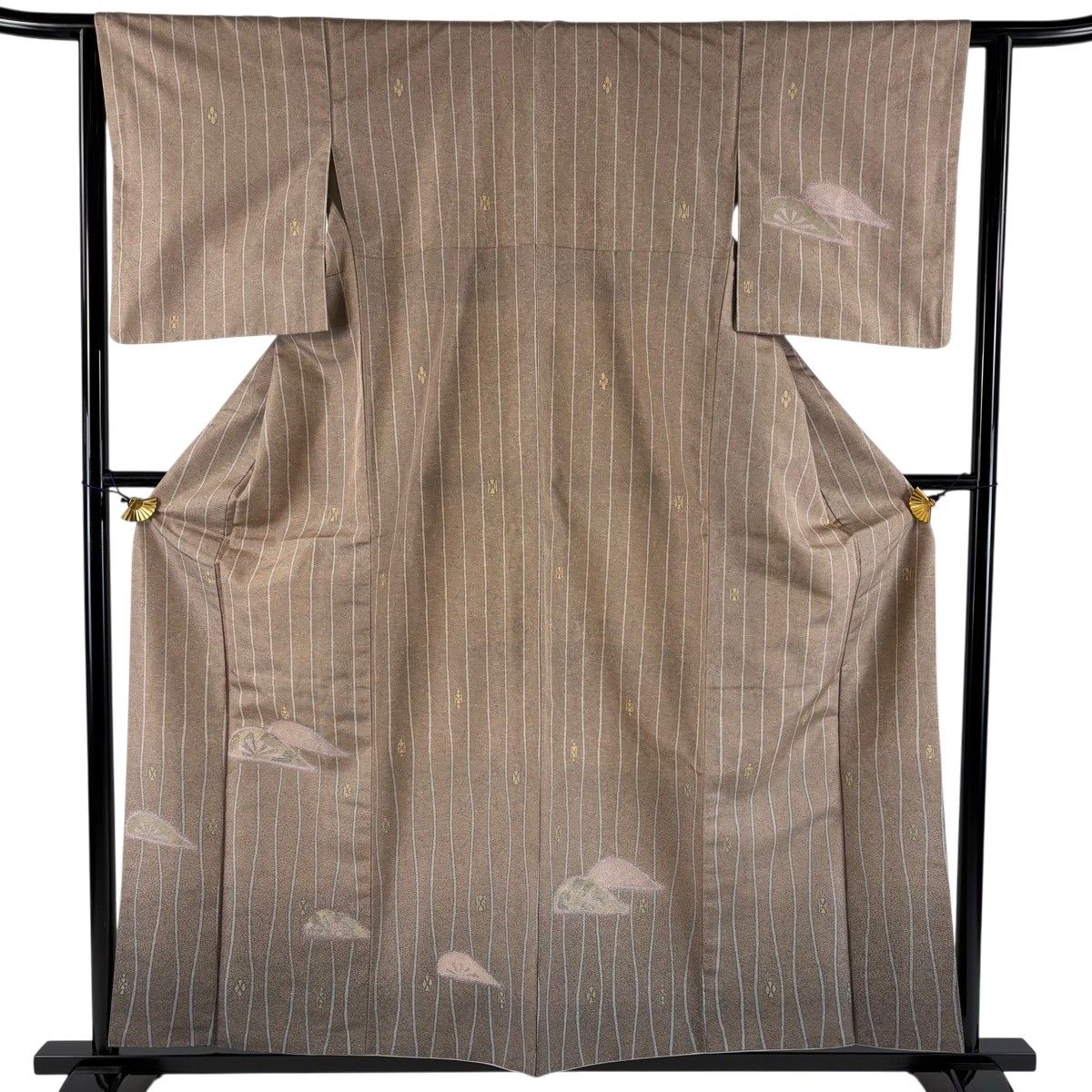 【美品】 付下げ 身丈156.5cm 裄丈62cm S 袷 紬地 縦縞 幾何学 金糸 薄小豆 正絹 秀品 【中古】