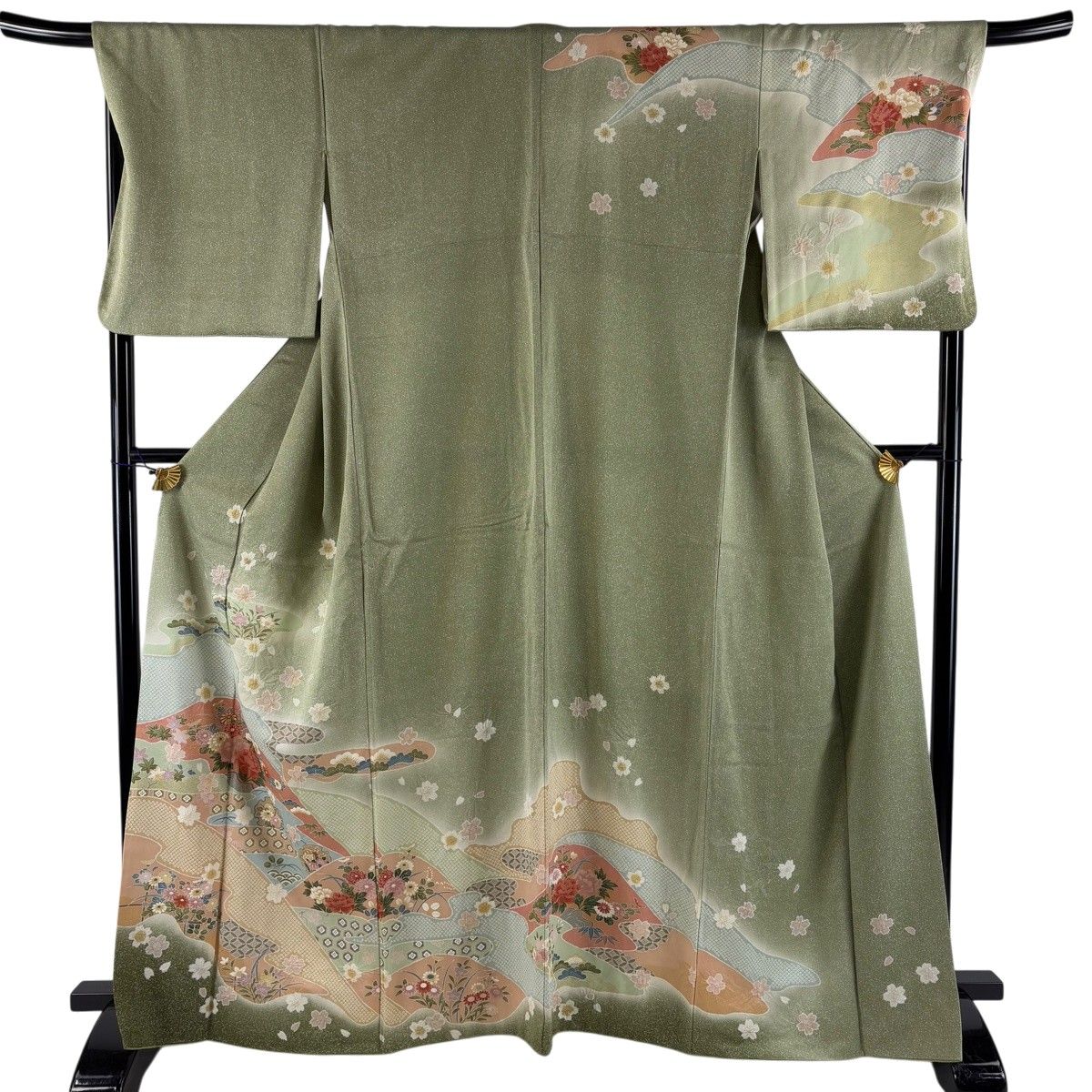 訪問着 身丈165.5cm 裄丈69cm L 袷 山並み 霞 金彩 ぼかし 灰緑 正絹 秀品 【中古】