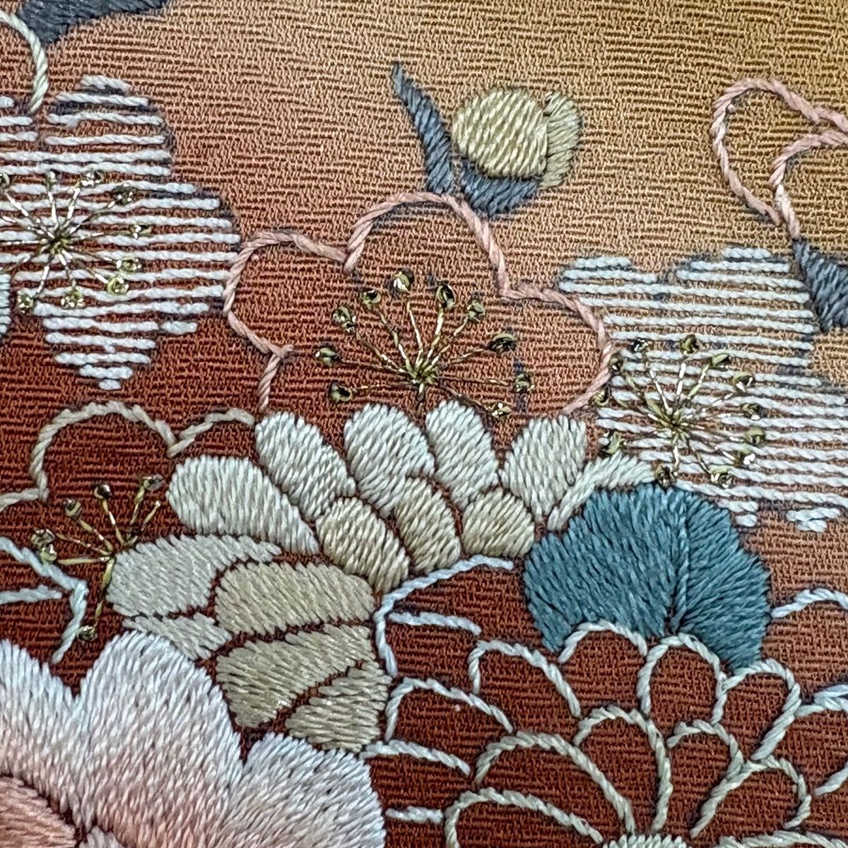 訪問着 身丈155.5cm 裄丈64cm M 袷 波 草花 金糸 刺繍 山吹茶色 正絹