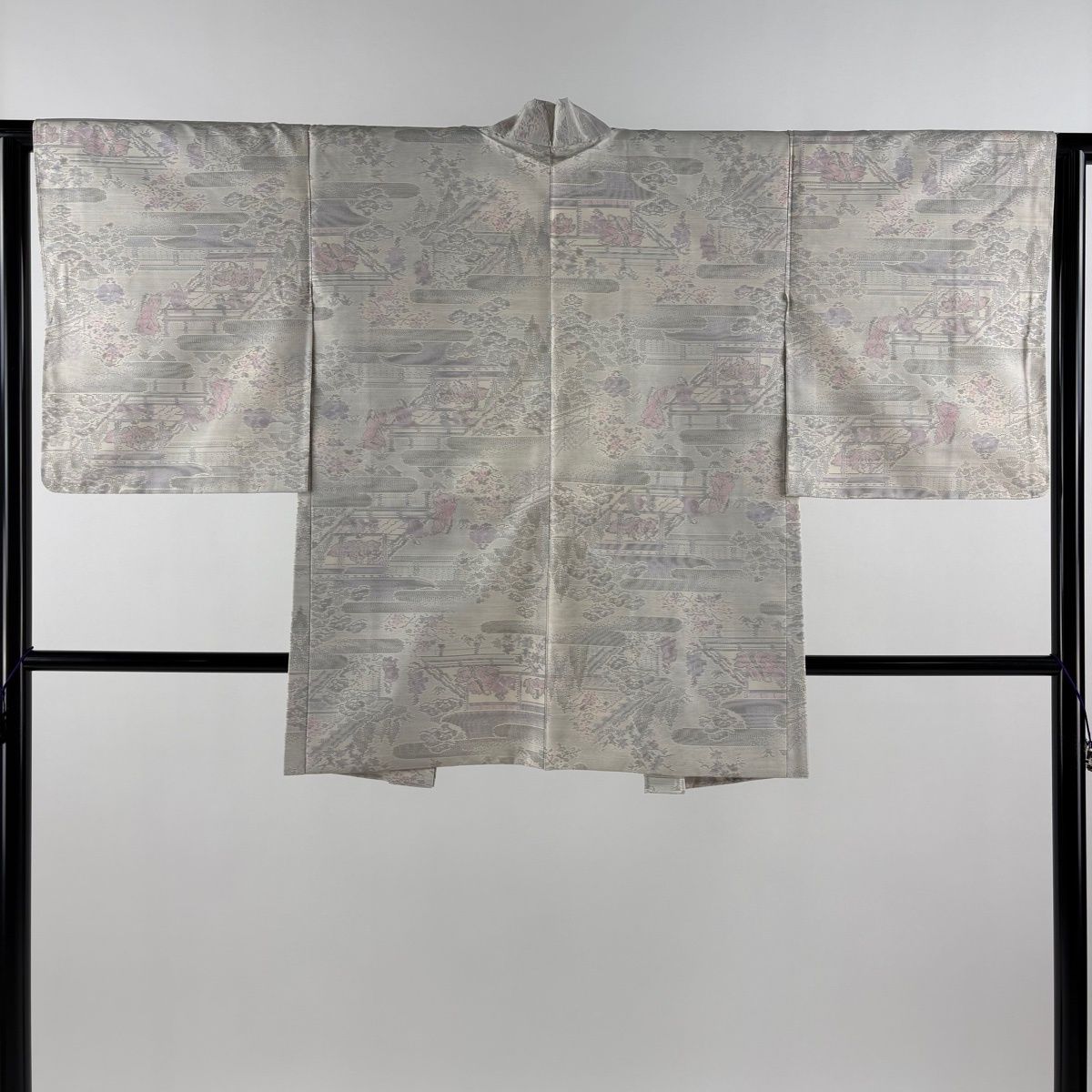 紬 身丈160cm 裄丈62cm S 袷 アンサンブル 霞 松 クリーム 正絹 優品 