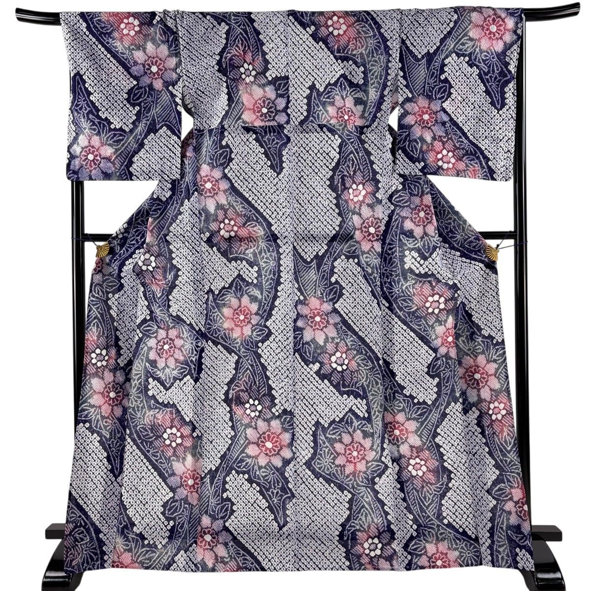 浴衣 身丈168cm 裄丈70cm L 絞り浴衣 草花 紫 綿 名品 【中古】