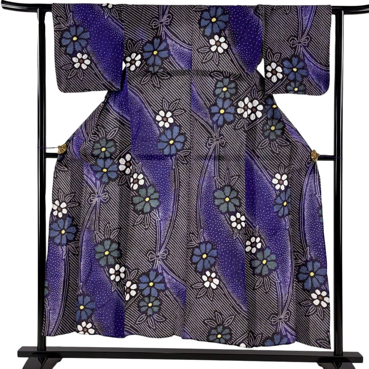 浴衣 身丈151cm 裄丈61cm S 絞り浴衣 草花 紫 綿 名品 【中古】