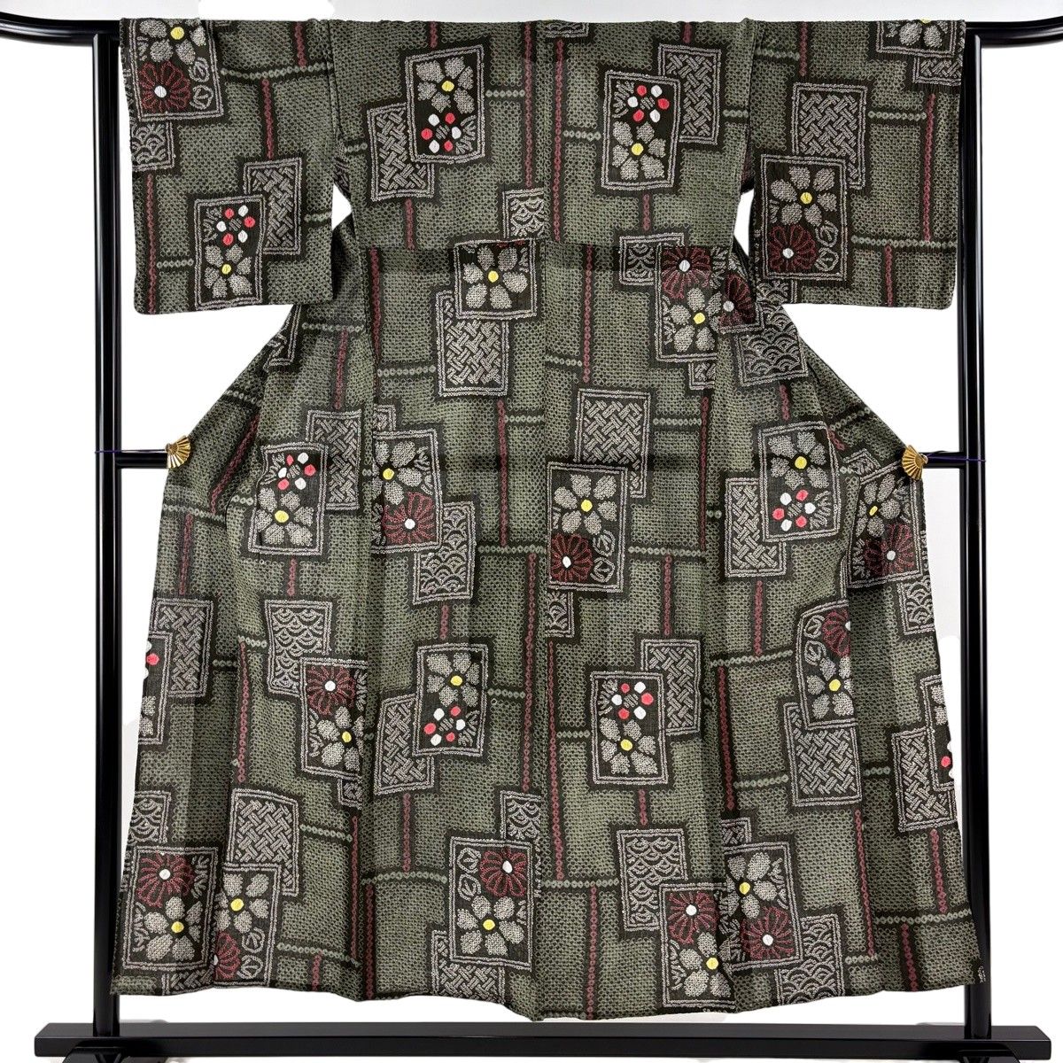浴衣 身丈151cm 裄丈65cm M 絞り浴衣 草花 幾何学 茶緑色 綿 名品 【中古】