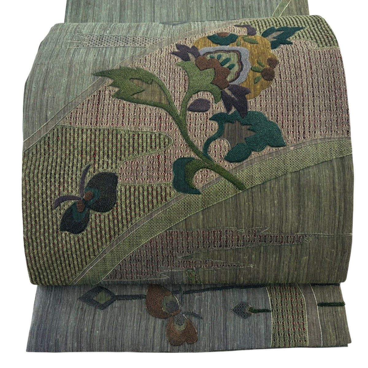 袋帯 名品 紬地 草花 相良刺繍 深緑 お太鼓柄 正絹 【中古】