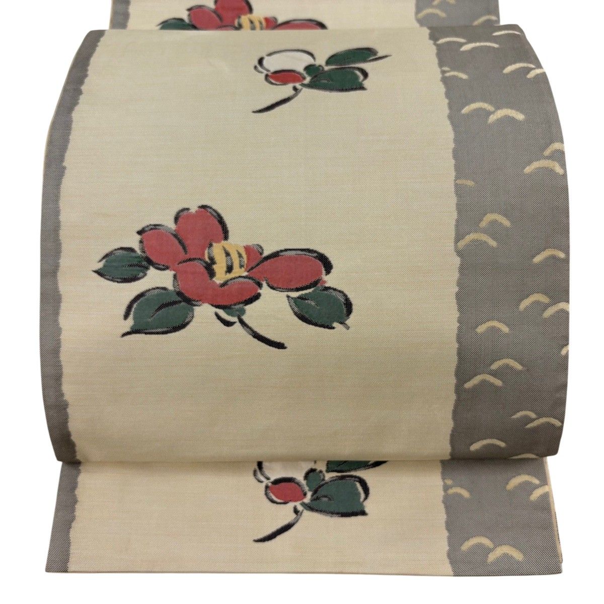 袋帯 名品 木屋太 落款 椿 芝 ベージュ 六通 正絹 【中古】