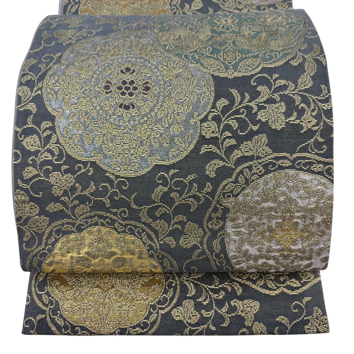 【美品】 袋帯 名品 華文 花鳥 金糸 箔 灰色 六通 正絹 【中古】